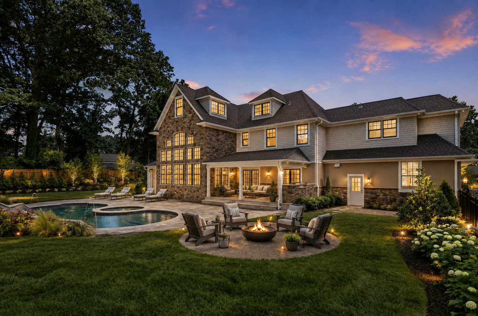 exterior back pool firepit dusk